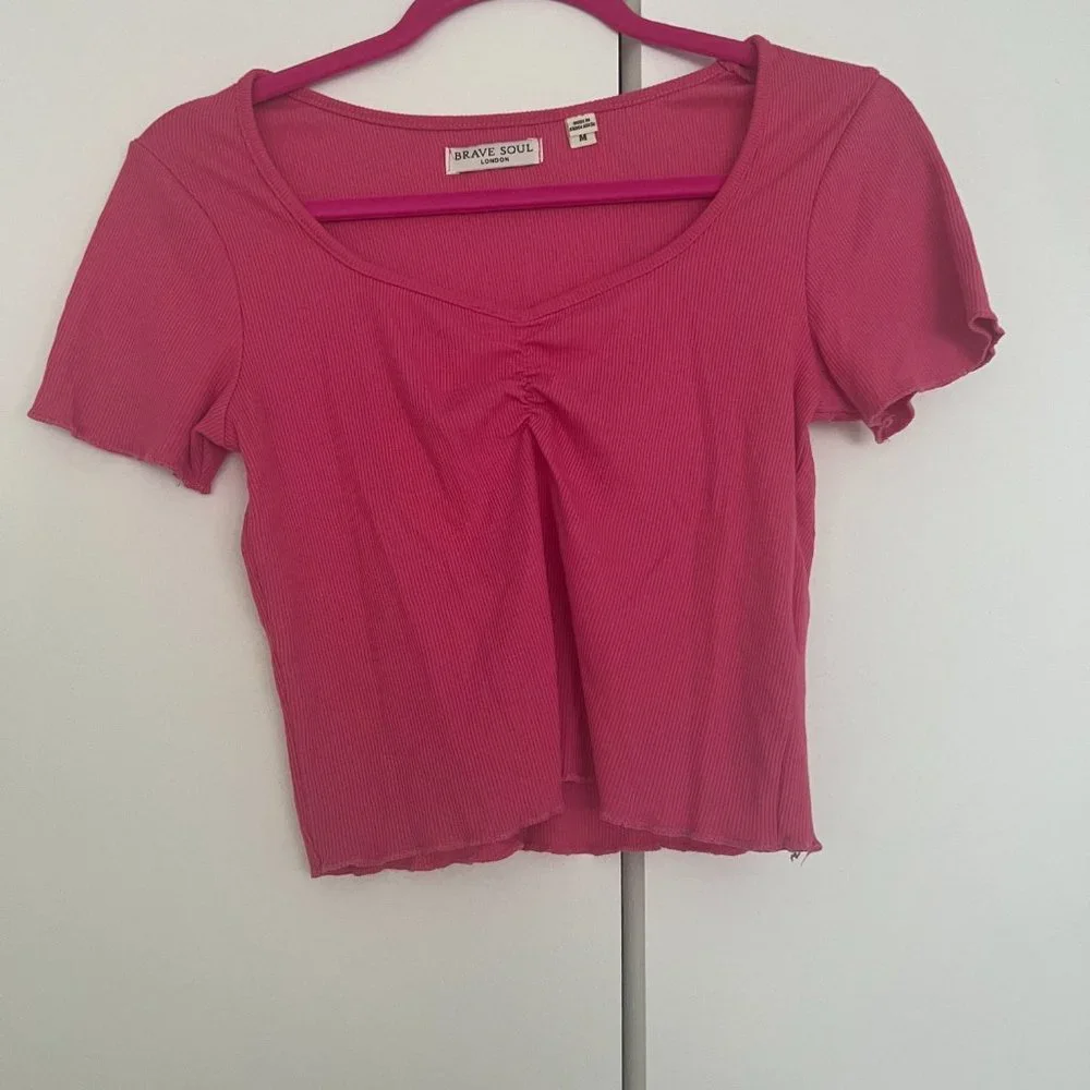 Pink Ruched Ruffle Hem V Neck Top - Picture 1 of 2